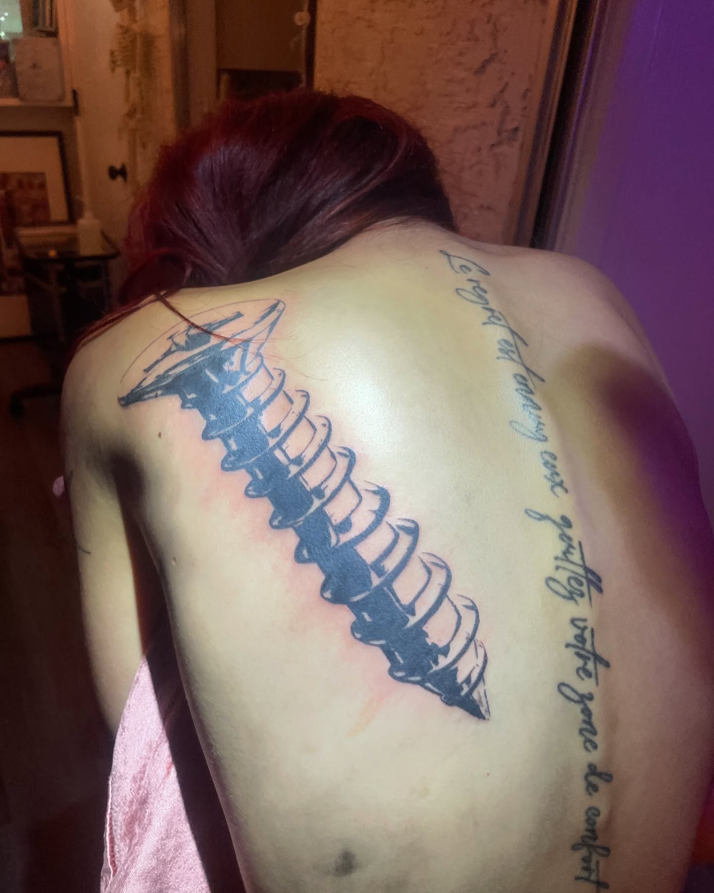 Blue centipede tattoo following the curve of a client's back