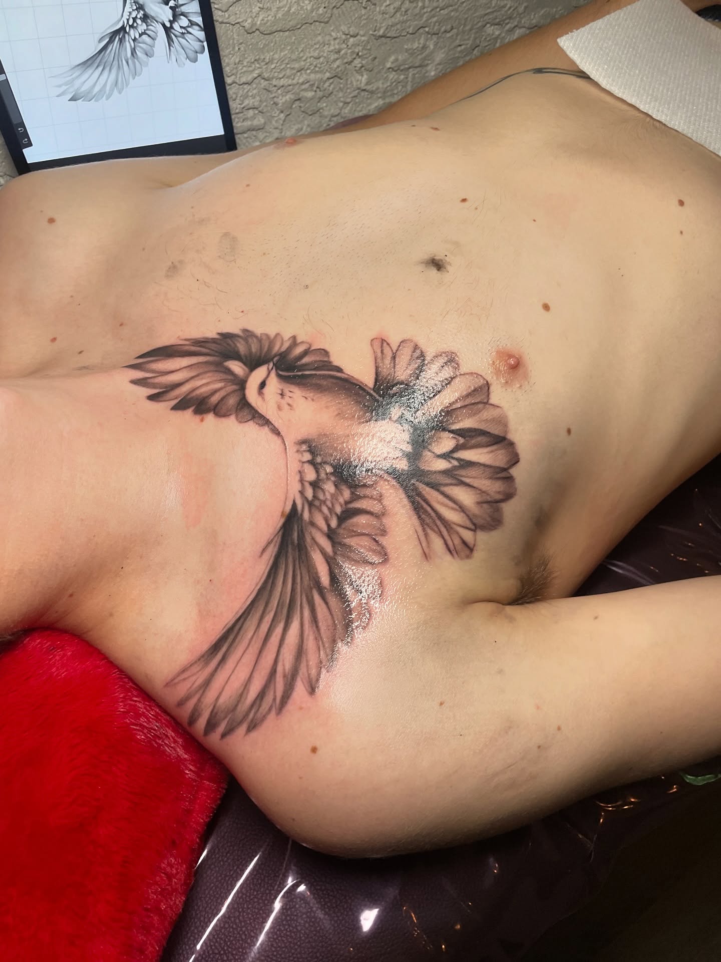 Black and gray eagle tattoo wrapping a client's shoulder