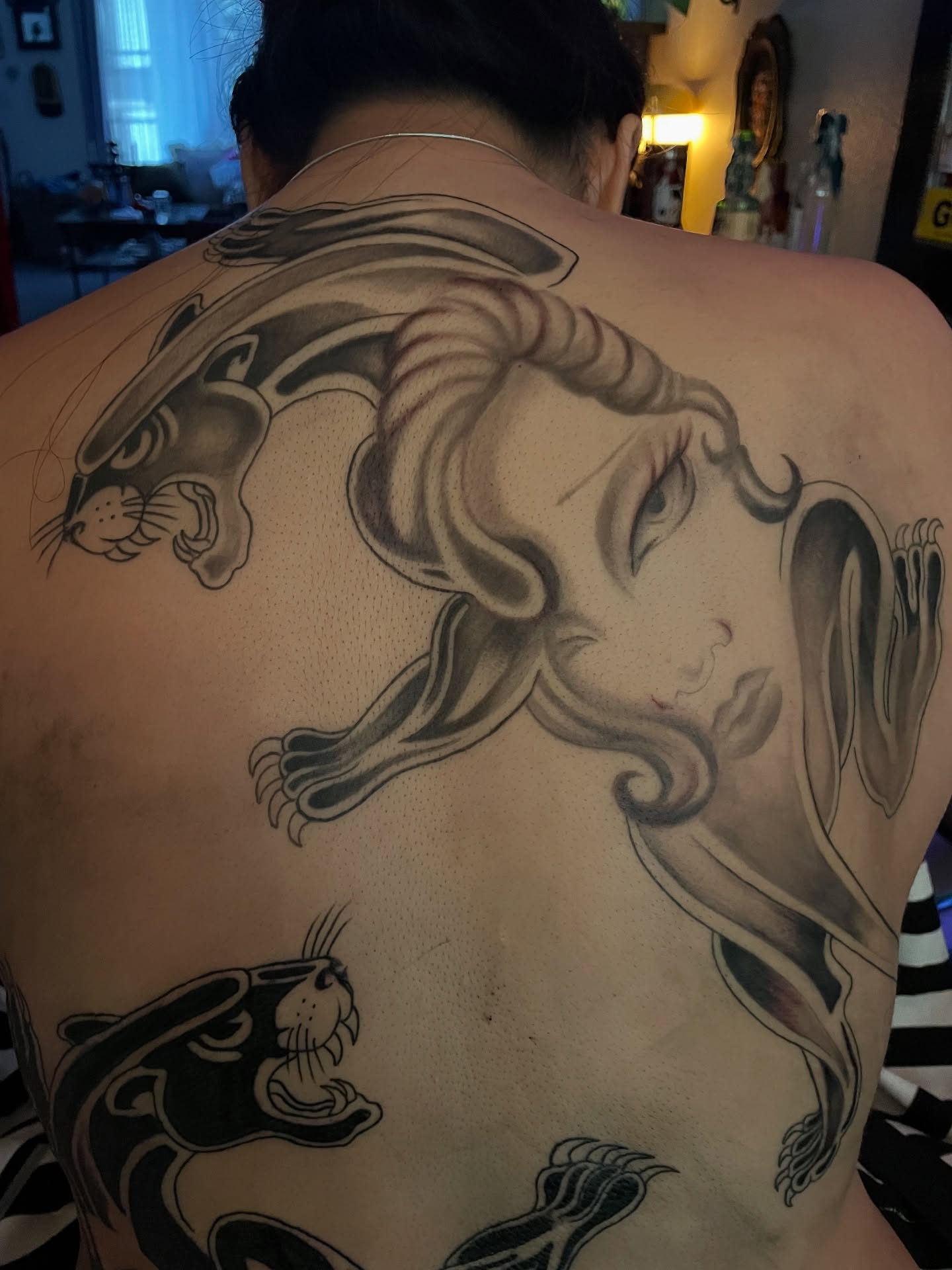 Large flowing black and gray panther tattoo across a client's back